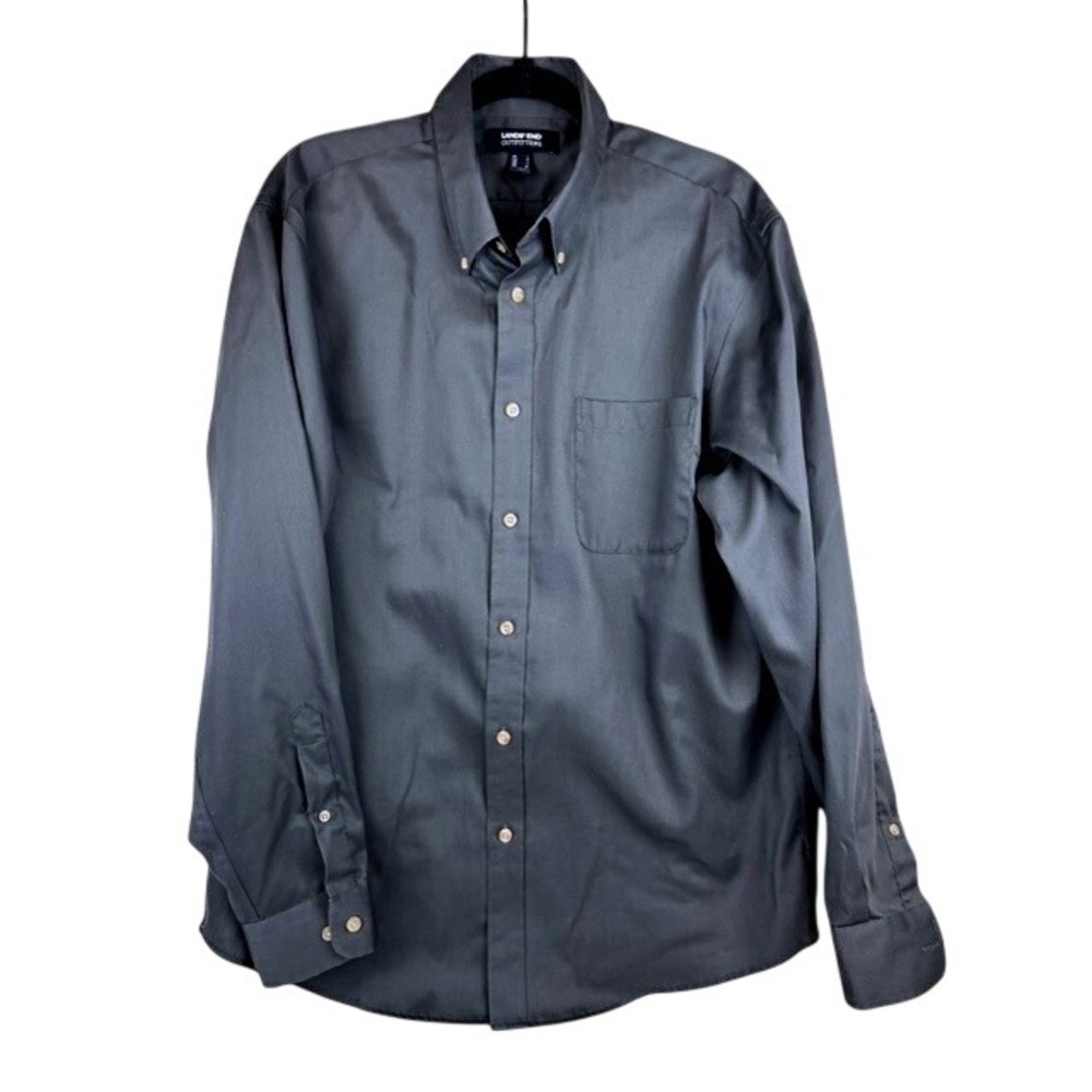 Lands End Button Down Shirt Dark Gray Traditional Long Sleeve Cotton Mens Size L